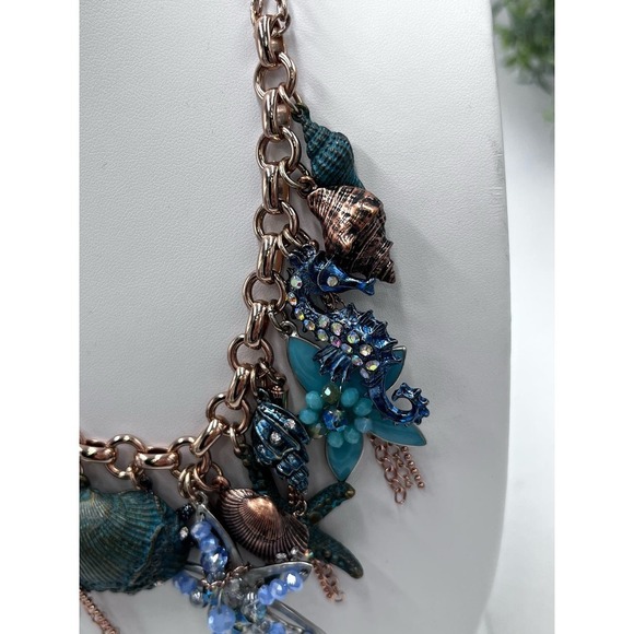 Copper Blue Beach Seashell Starfish Dangle Charms Bib Necklace - Picture 4 of 14